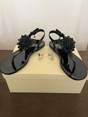 Coach Black Jeweled T-Strap Sandals - Women